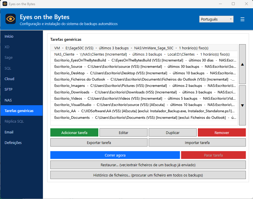 Janela do Eyes on the Bytes com a lista de tarefas genéricas de backup, os botões Adicionar, Editar, Duplicar, Remover, Correr agora e Restaurar